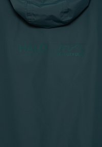 Kapuzensweatjacke aus dunkelgrünem Stoff mit glatter Textur. Auf der Rückseite befinden sich Logos in einem passenden grünen Aufdruck. Einfaches, funktionales Design.