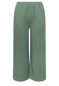 Zelené široké kalhoty s texturou a elastickým pasem. Měkká tkanina se jemným vzorem, zajišťující uvolněný střih a prodyšný design.