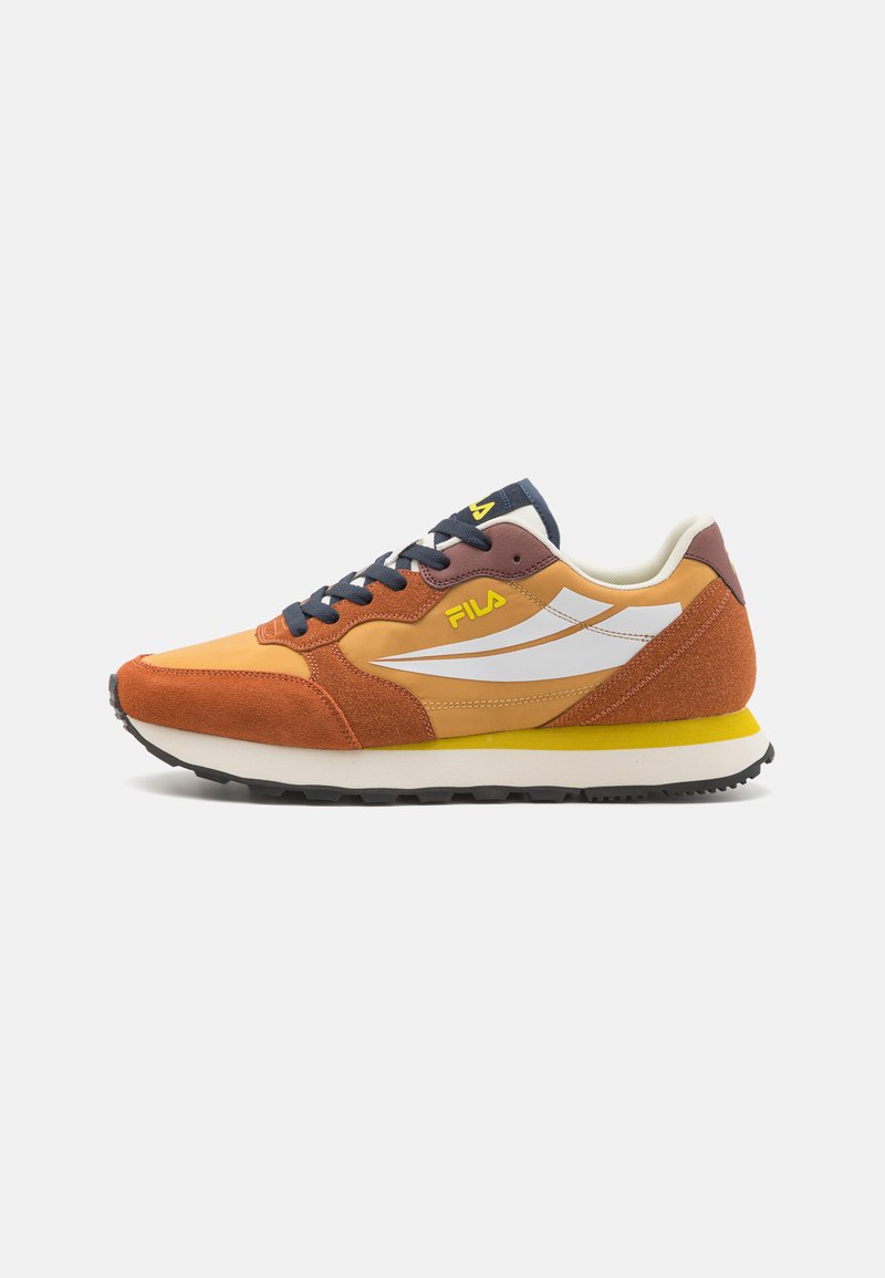 Orange and brown sneakers with white accents, suede and mesh materials, round toe, thick sole, and blue laces. Features brand logo on side.