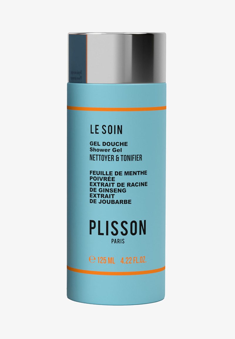 Light blue cylindrical bottle with a silver cap. Front label features black text and orange accents; contains shower gel with botanical extracts.