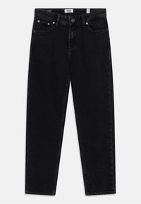 Schwarze Denim-Jeans mit geradem Bein, ausgestattet mit fünf Taschen, Nieten, einem Reißverschluss mit Knopfverschluss und sanften Ausbleichungen.