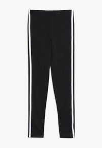 Black leggings made of stretchy fabric with white side stripes, featuring a classic design and smooth texture. No visible hardware or embellishments.