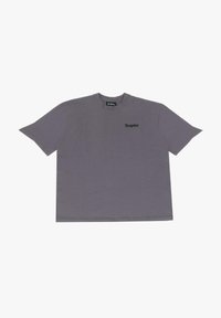 Graues Baumwoll-T-Shirt mit Rundhalsausschnitt und kurzen Ärmeln. Verfügt über ein kleines schwarzes Logo auf der Brust und ein entspanntes Design.