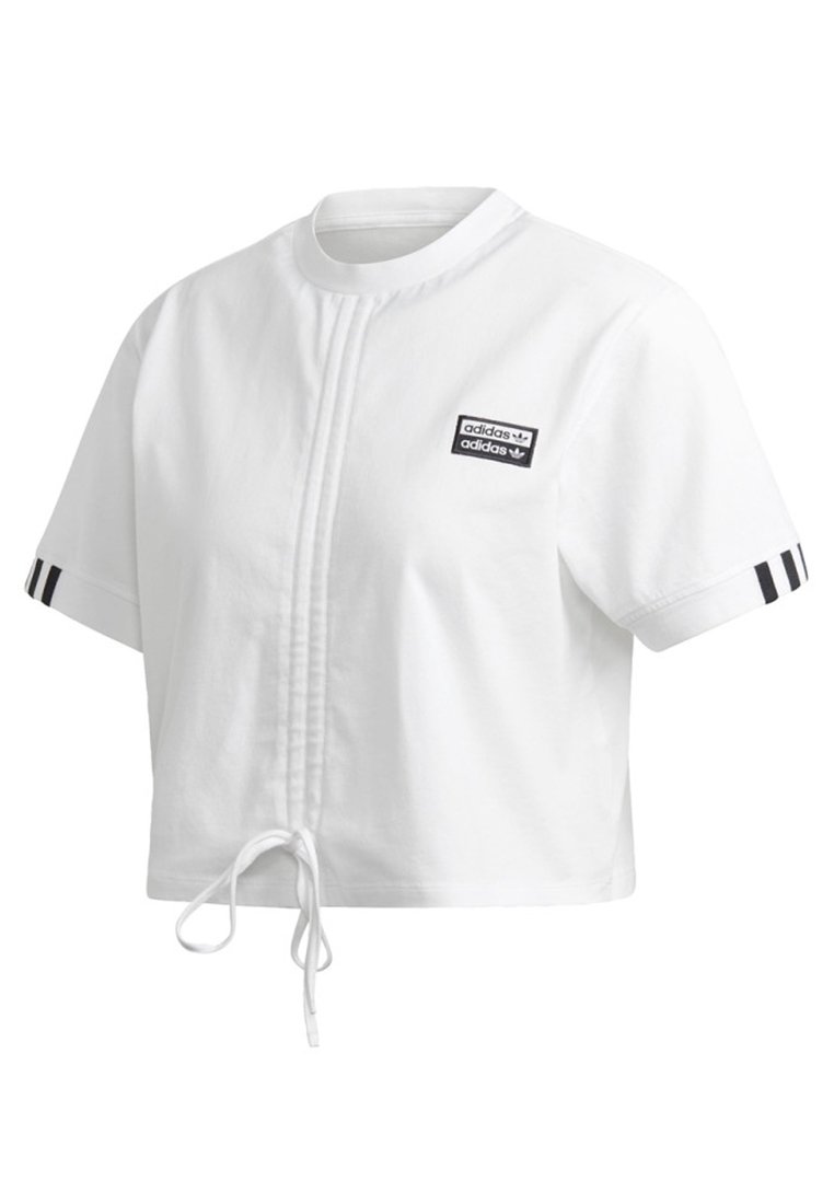 Vit kortärmad cropped Adidas-tröja med svarta ränder på ärmarna, detaljer med sömmar fram och Adidas-logotyp på bröstet.