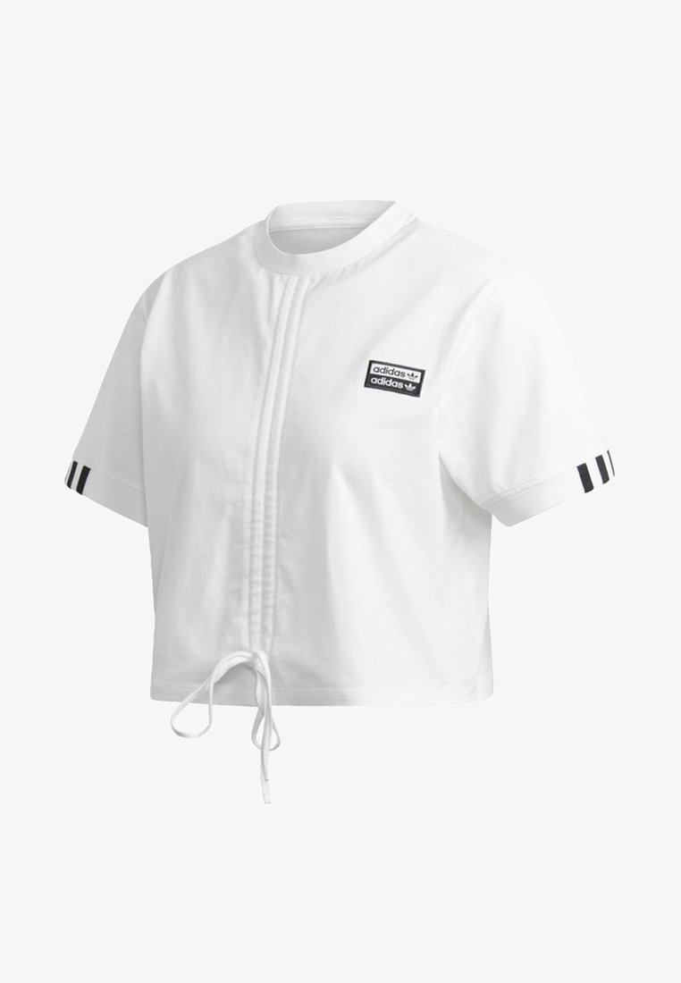 Vit kortärmad cropped Adidas-tröja med svarta ränder på ärmarna, detaljer med sömmar fram och Adidas-logotyp på bröstet.