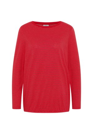 Haut rouge à manches longues avec des rayures horizontales. Présente un col rond et une coupe décontractée pour plus de confort. Tissu doux et léger.