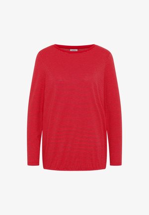 Camiseta de manga larga roja con rayas horizontales. Presenta un escote redondo y un corte holgado para mayor comodidad. Tela suave y ligera.