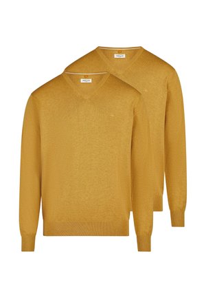 Dwa musztardowożółte swetry z długim rękawem i dekoltem w serek, z prążkowanymi mankietami i dolnym brzegiem, ułożone nakładające się na siebie na białym tle.