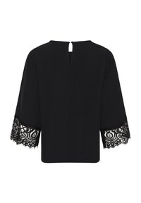 Juoda palaidinė su kvadratine iškirpte, su nėrinių detalėmis varpelio formos rankovėse ir mažyčiu raktelio formos iškirpimu nugaroje. Minkšta medžiaga.