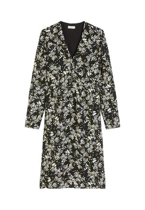 Schwarzes langärmliges Kleid mit einem floralen Muster in Weiß und Gelb, V-Ausschnitt und gerafftem Taillenbereich. Glatte Textur des Stoffes.