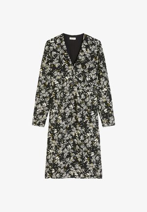 Zwart langoog kledingstuk met een bloemenpatroon in wit en geel, met een V-hals en een geraffineerde taille. Gladde stofstructuur.