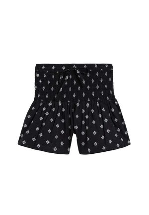Pantalones cortos negros ligeros con patrón de diamantes blancos, cintura elástica fruncida y cordón decorativo en la parte delantera.
