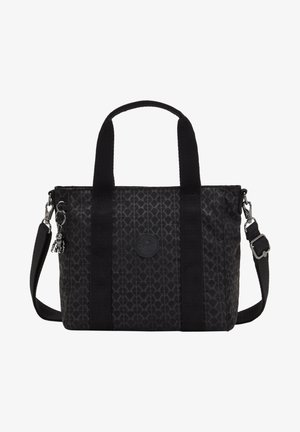 Schwarze strukturierte Tasche aus gemustertem Stoff mit doppelten Griffen und abnehmbarem Schultergurt. Enthält einen Charm-Akzent und ein Logo-Patch.