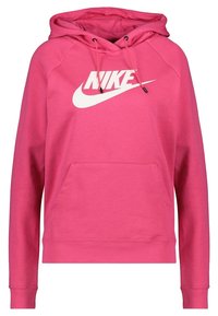 Różowa bluza z kapturem wykonana z bawełnianej mieszanki, z kieszenią kangurką, regulowanym kapturem ze sznurkiem oraz dużym białym logo Nike z przodu.