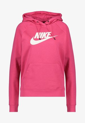 Růžová mikina s kapucí z bavlněné směsi s klokankovou kapsou, nastavitelnou šňůrkou na kapuci a velkým bílým logem Nike na přední straně.