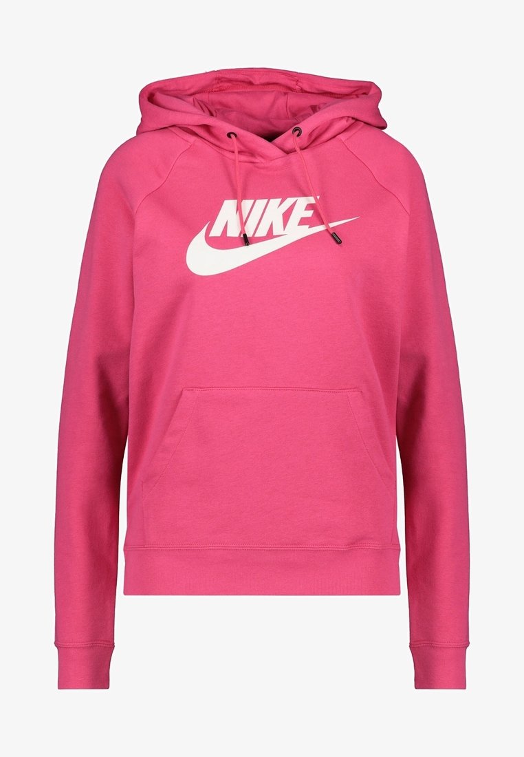 Růžová mikina s kapucí z bavlněné směsi s klokankovou kapsou, nastavitelnou šňůrkou na kapuci a velkým bílým logem Nike na přední straně.