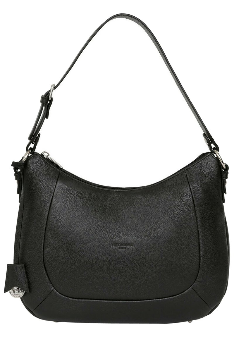 Borsa a tracolla nera in pelle con forma arrotondata, superficie testurizzata e manico corto. Presenta una chiusura con zip e una tasca laterale.