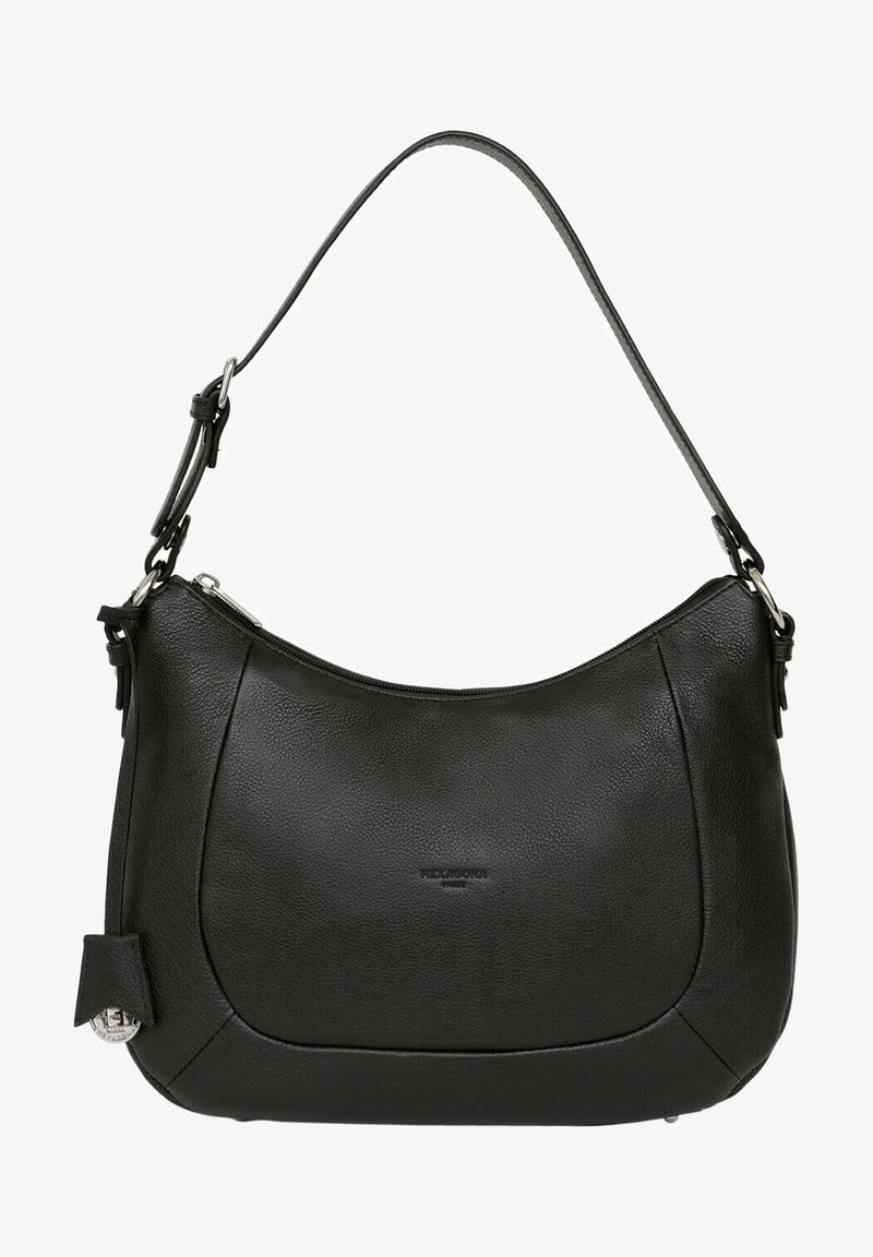 Czarna skórzana torba na ramię o zaokrąglonym kształcie, fakturowanej powierzchni i krótkim pasku. Posiada zamek błyskawiczny oraz boczną kieszeń.