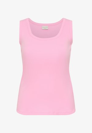 Lyserød ærmeløs tanktop med firkantet halsudskæring og et KAFFE-mærke inden i kraven.