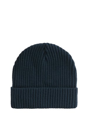 Cappello beanie a costine in blu scuro, con risvolto. Realizzato in materiale a maglia testurizzata, offre una vestibilità aderente e una forma snella.