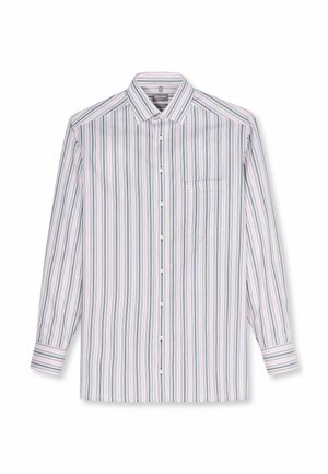 Camicia da uomo a maniche lunghe con bottoni, con righe verticali blu, bianche e rosa e taschino sul petto, distesa su sfondo bianco.