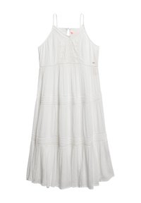 Hvid ærmeløs kjole med V-hals, der har en tekstureret bodice, tiered skirt og subtile vandret striber. Inklusiv en lynlås i ryggen.