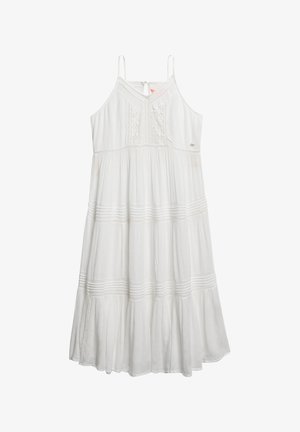 Robe blanche sans manches avec un décolleté en V, présentant un corsage texturé, une jupe à plusieurs niveaux et de subtiles rayures horizontales. Comprend une fermeture éclair au dos.
