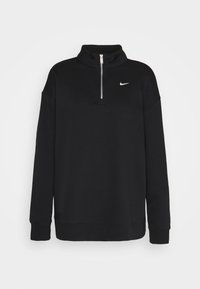 Černá mikina Nike s vysokým límcem a polovičním zipem. Má dlouhé rukávy a malé bílé logo na hrudi. Jemná textilie.