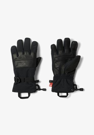 Gants noirs avec paumes en cuir et dos en tissu synthétique, dotés de sangles réglables, de poignets élastiques et d'une poignée pour un enfilage facile.