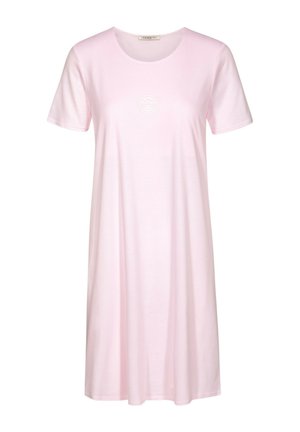 Vaaleanpunainen lyhythihainen mekko, joka on valmistettu pehmeästä kankaasta. Siinä on pyöreä pääntie ja hillitty kirjaillun logon yksityiskohta rinnassa. A-linjainen siluetti.