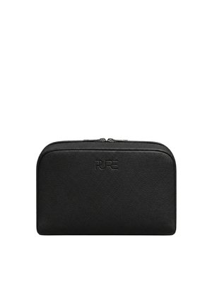 Black rectangular leather pouch with a double zipper on top and the brand name "PURE" embossed in the center.