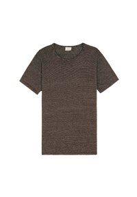 Camiseta de manga corta marrón con rayas horizontales, cuello redondo y una textura suave. Diseño minimalista con un ajuste relajado.