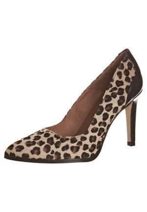 Hoher High-Heel-Schuh mit Leopardenmuster, spitz zulaufender Vorderseite, dunkelbraun glänzendem Absatz und Verzierungen, hellbraunem Innenfutter und Stiletto-Absatz.