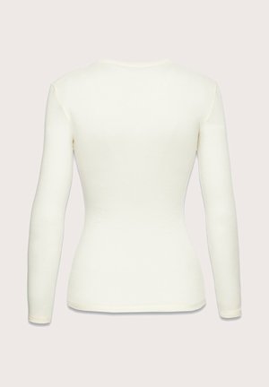 Dopasowana bluzka z długim rękawem w kolorze kremowym, wykonana z miękkiego, teksturowanego materiału, z okrągłym dekoltem i gładkim wykończeniem. Minimalistyczny design bez wzorów.