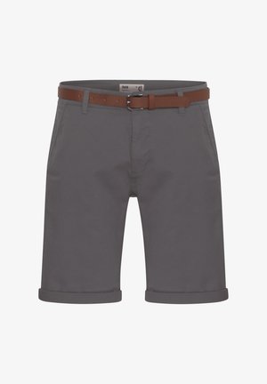 Sive kratke hlače z zavihanimi robovi, ki vključujejo rjav usnjen pas, gladek material in gumbasto sprednje zapiranje. Primerne za vsakodnevno nošenje.