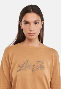 Maglione a maglia color cammello con vestibilità comoda e scollatura ampia, caratterizzato da un design di strass scintillanti al centro.
