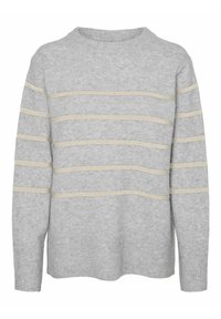 Maglione grigio in morbida lana, con strisce orizzontali crema, girocollo e polsini e orlo a costine. Aspetto testurizzato su tutta la superficie.