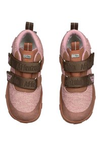 Pink and brown children's shoes with textile upper, two brown Velcro straps, and rubber sole. Features a light texture and design accents.