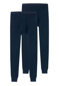 Sous-vêtements bleu marine en tissu doux, avec un design ajusté, une taille élastique et une poche avant à forme contournée.