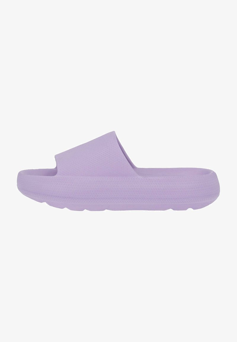 Chaussons en caoutchouc violet avec une large sangle et une surface texturée, présentant une semelle épaisse et des bords arrondis pour plus de confort.