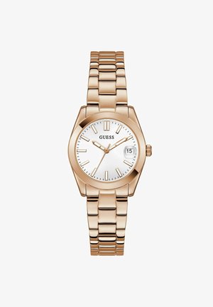 Roségoldene Metalluhr mit einem weißen Zifferblatt, silbernen Stundenmarkierungen und einer Datumsanzeige. Verfügt über ein Gliederarmband mit polierter Oberfläche.