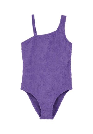 Costum de baie mov cu un umăr, cu model floral texturat, bretea ajustabilă și siluetă cambrată. Material moale cu finisaj neted.