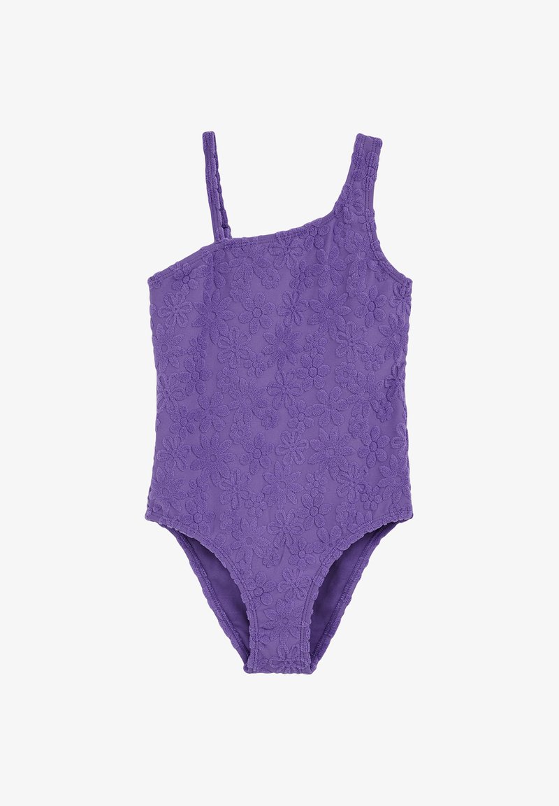 Maillot de bain violet asymétrique à une épaule avec un motif floral texturé, bretelle ajustable et silhouette ajustée. Tissu doux avec une finition lisse.