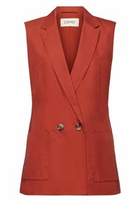 Rdzawoczerwony bezrękawnik o dopasowanym kroju z podwójnym zapięciem, dwoma przednimi kieszeniami i klapami w kształcie litery V. Gładka faktura. Widoczne logo Esprit.