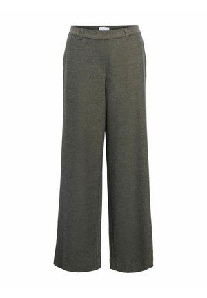 Helle-Hosen aus dunkelgrauem Stoff mit glatter Textur, Gürtelschlaufen und Seitentaschen für eine strukturierte Passform.
