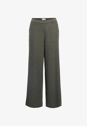 Pantaloni a gamba larga in tessuto grigio scuro, con una texture liscia, passanti per la cintura e tasche laterali per un fit strutturato.