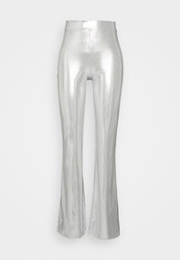 High-waisted silver metallic flare pants with a smooth, shiny texture and a fitted waist, displayed on a white background.