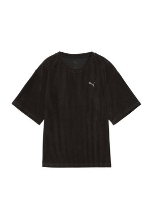Sort corduroy t-shirt med korte ærmer, rund halsudskæring og et lille, lysegråt logo på venstre bryst. Blød tekstur og afslappet pasform.
