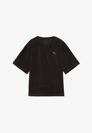 Schwarzes Cord-T-Shirt mit kurzen Ärmeln, rundem Ausschnitt und einem kleinen, hellgrauen Logo auf der linken Brust. Weicher Stoff und lässige Passform.