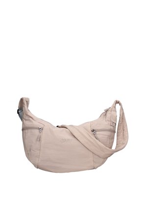 Sac bandoulière beige clair avec bandoulière réglable, deux poches latérales zippées et logo GMV sur le devant.